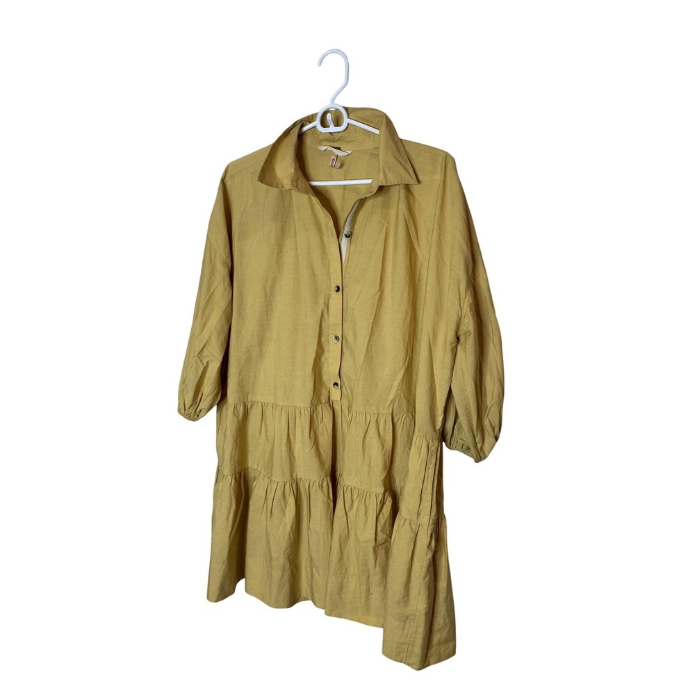 Free People Shirt Dress Womens Small Yellow Tiered Collared Pockets 3/4 Sleeve